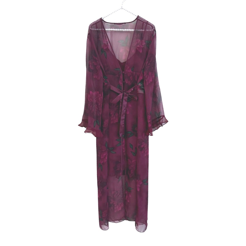 Vtg Valerie Stevens Burgundy Floral Chiffon Robe Slip Dress Gown Set 2pc M Y2K